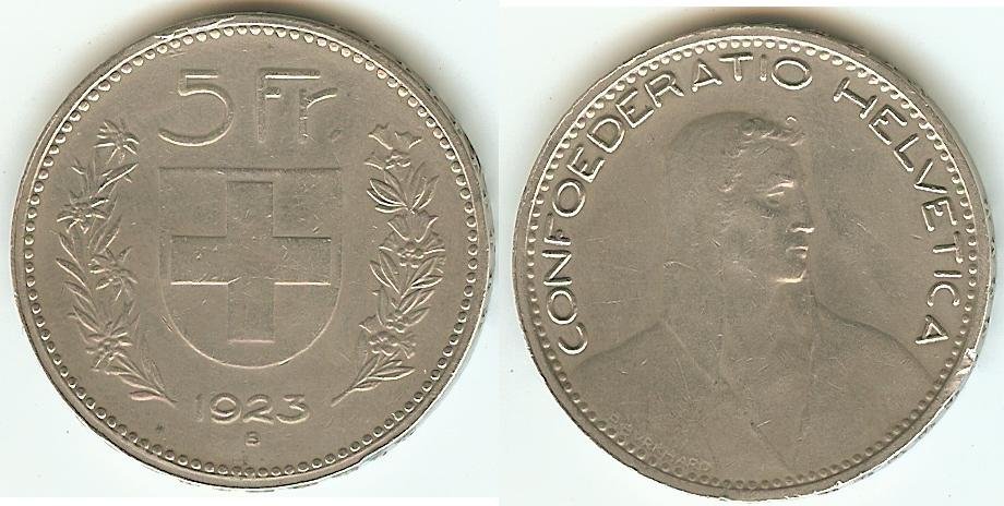 Swiss 5 Francs 1923B EF